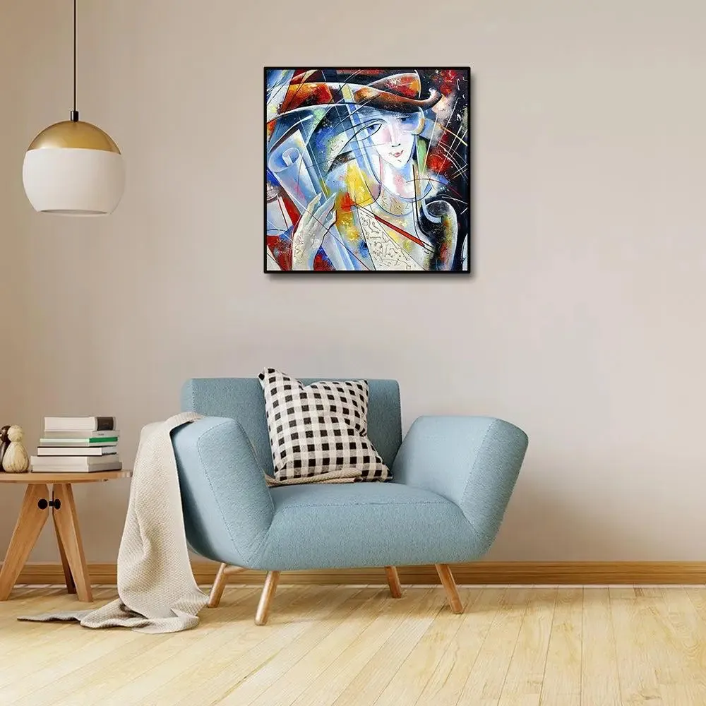 Lady with abstract designs Canvas Painting With Black Floating Frame Size: 57 cm (H) X 57 cm (W)
