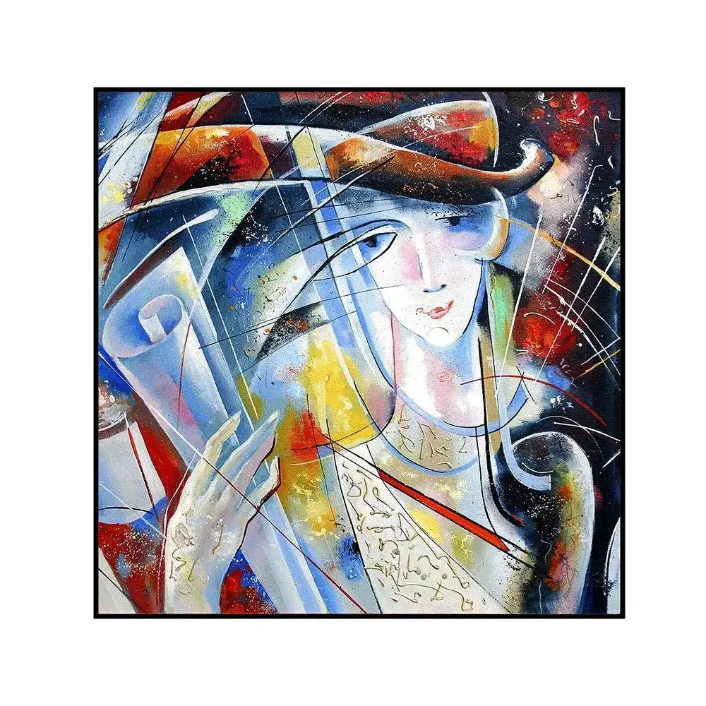 Lady with abstract designs Canvas Painting With Black Floating Frame Size: 57 cm (H) X 57 cm (W)