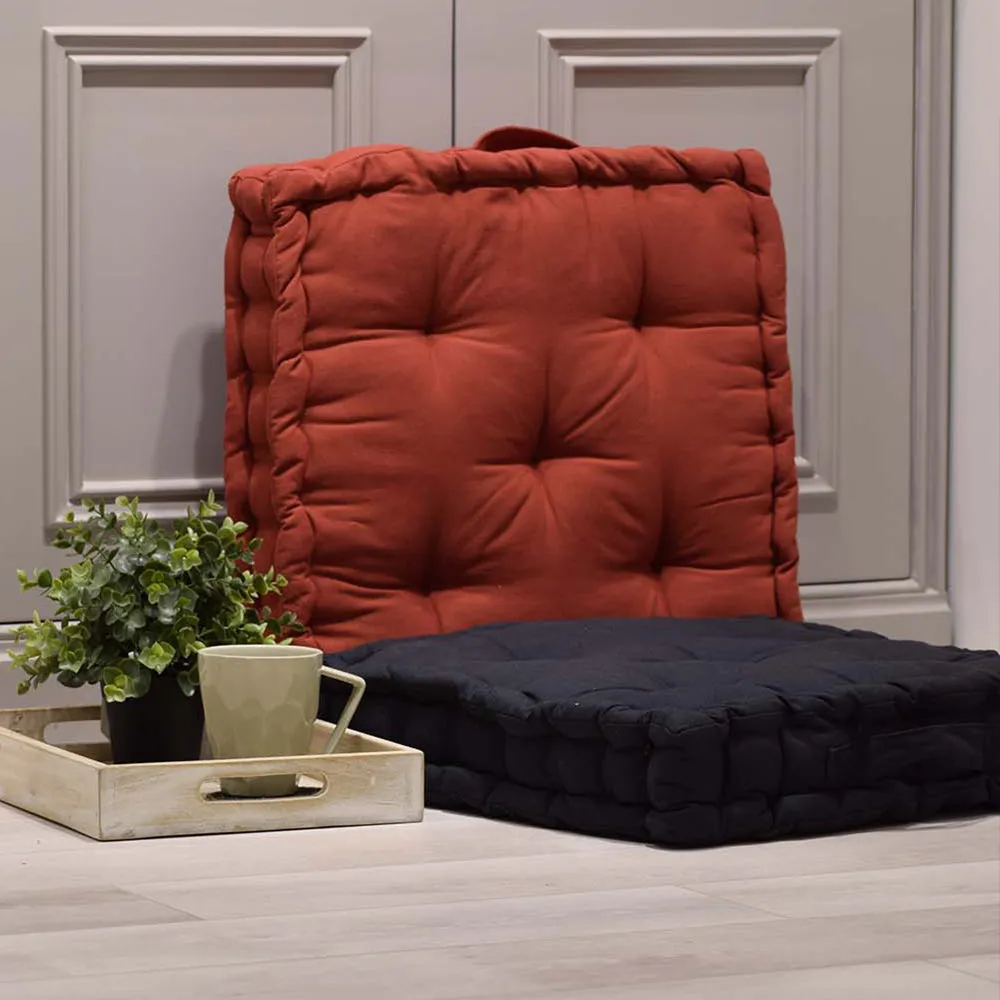 Large Alluring Box Squared Brick Red and Black Plush Cotton Matlas Floor Cushion With Handle Set Of 2
