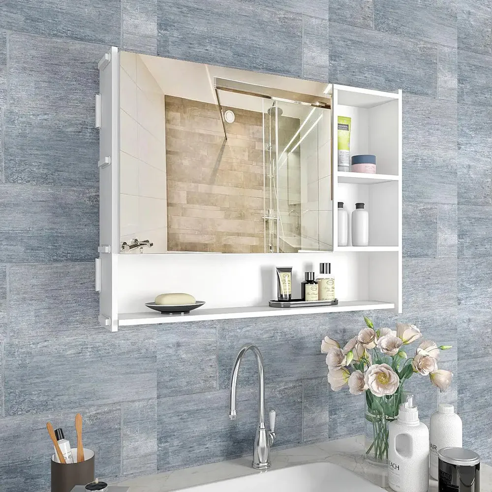 Large Bathroom Mirror Cabinet with 5 Spacious Shelves - White