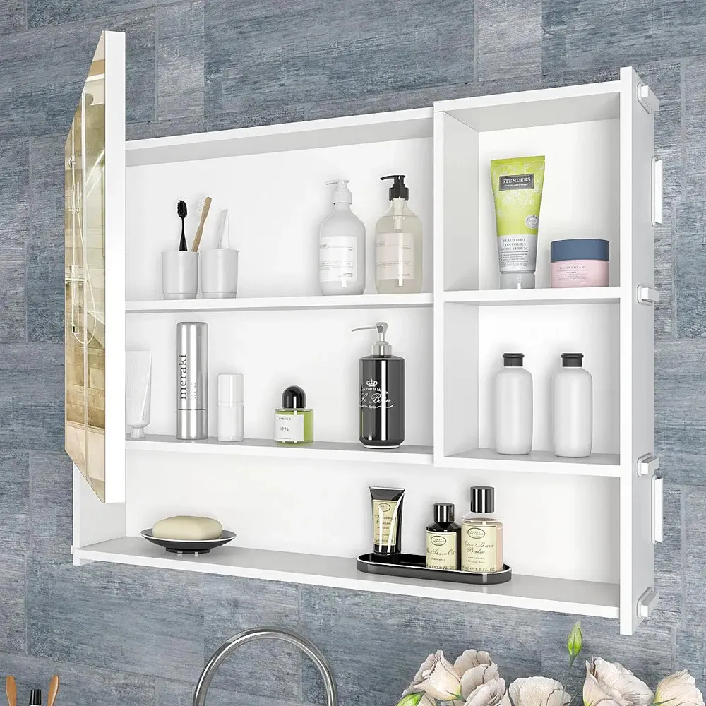 Large Bathroom Mirror Cabinet with 5 Spacious Shelves - White