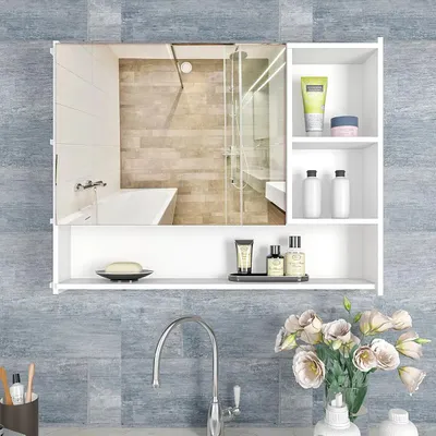 Large Bathroom Mirror Cabinet with 5 Spacious Shelves - White