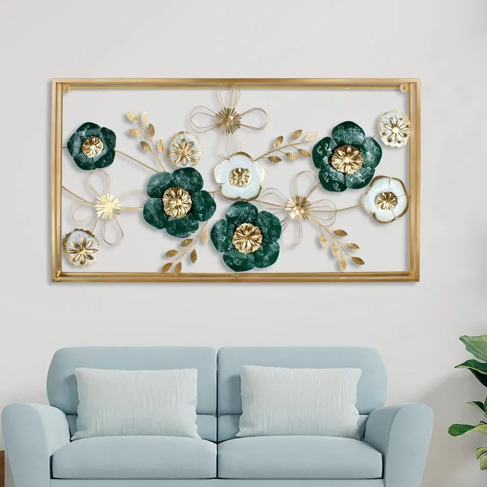 Large Flowers-inspired Green & White Metallic Wall Hanging / Metal Wall Art