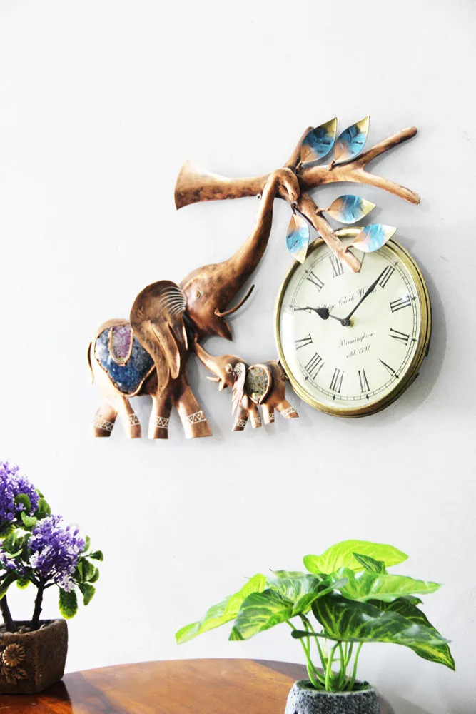 Large Multicoloured Elephant Metal Clock Wall Art