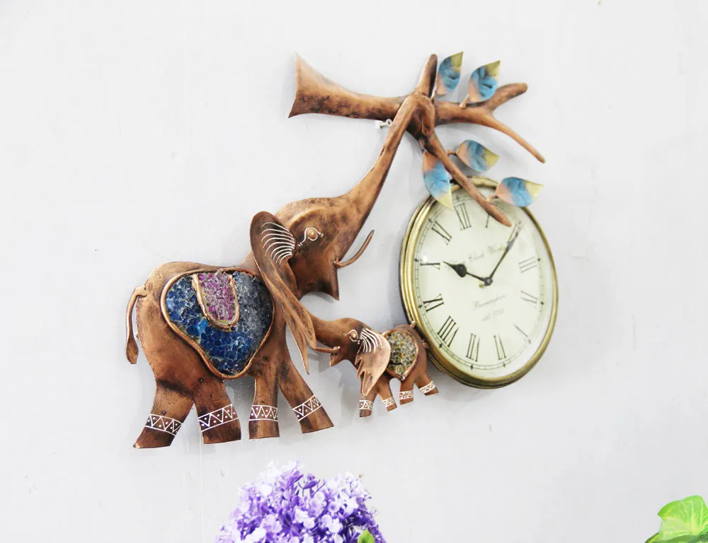 Large Multicoloured Elephant Metal Clock Wall Art