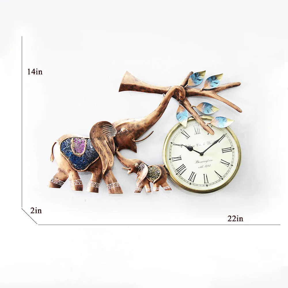 Large Multicoloured Elephant Metal Clock Wall Art