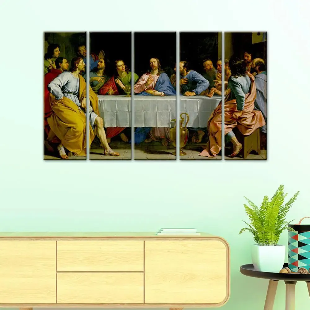 Last Supper Wall Painting Wooden Framed 5 Pieces Canvas Painting