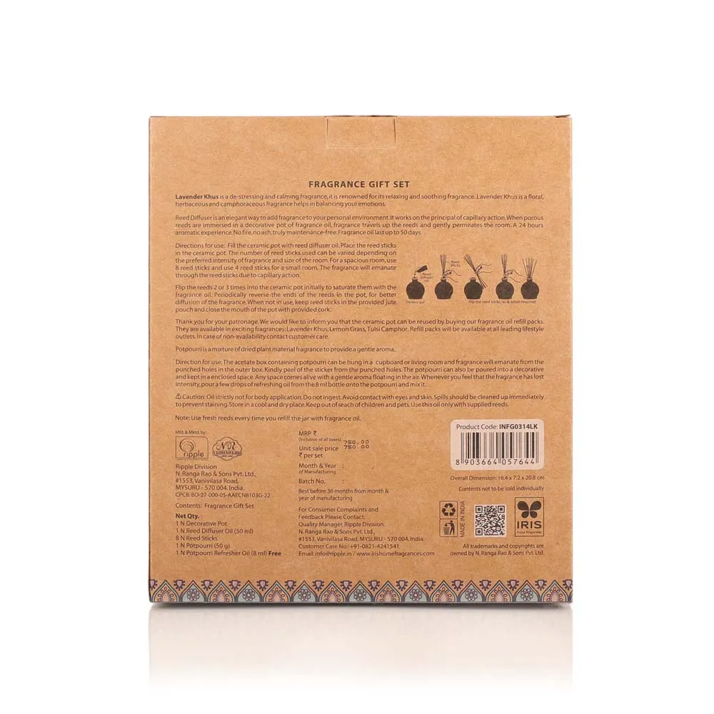 Lavender Khus Scented Reed Diffuser Gift Pack of Ceramic Diffuser Pot, Reed Sticks, Essential Oil & Potpourri)