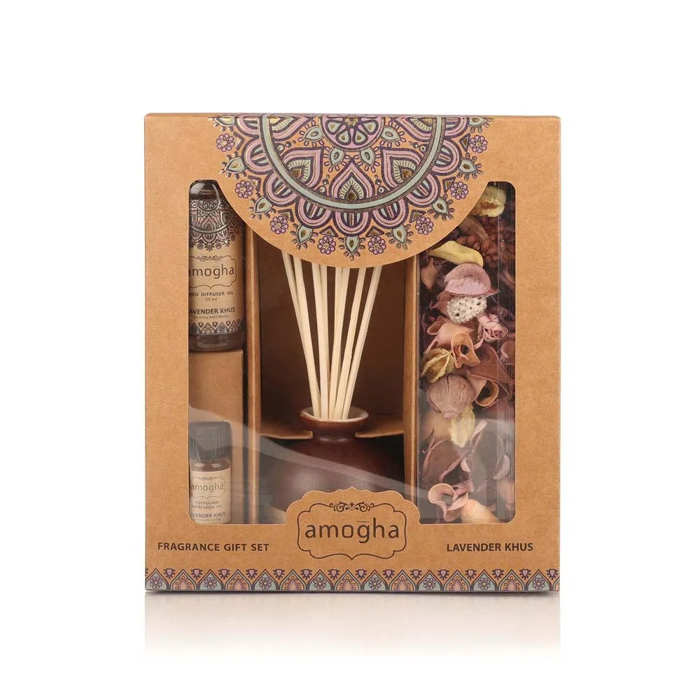 Lavender Khus Scented Reed Diffuser Gift Pack of Ceramic Diffuser Pot, Reed Sticks, Essential Oil & Potpourri)