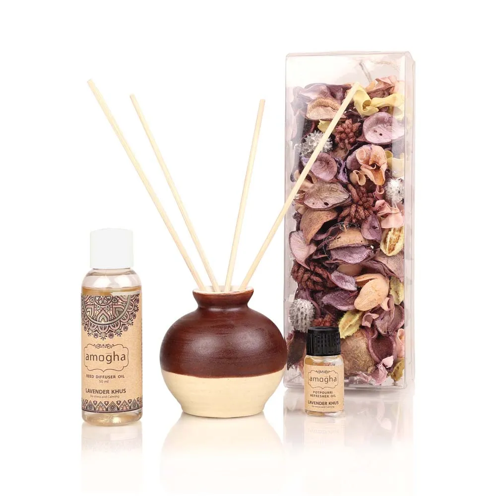 Lavender Khus Scented Reed Diffuser Gift Pack of Ceramic Diffuser Pot, Reed Sticks, Essential Oil & Potpourri)
