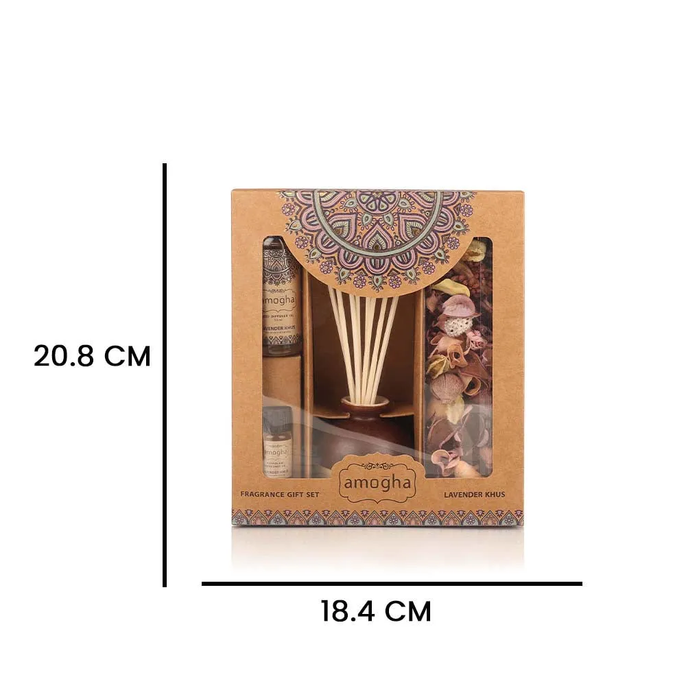 Lavender Khus Scented Reed Diffuser Gift Pack of Ceramic Diffuser Pot, Reed Sticks, Essential Oil & Potpourri)