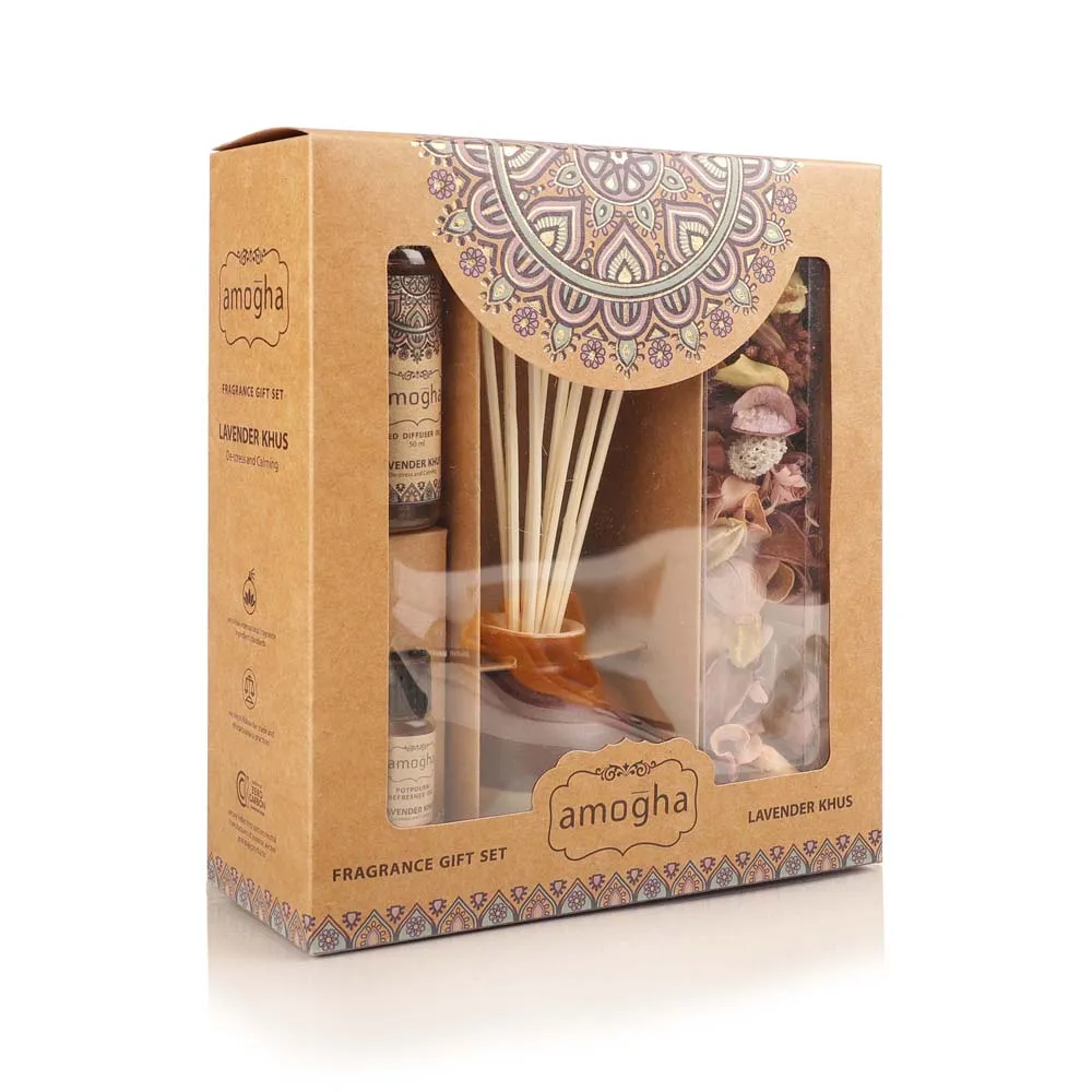 Lavender Khus Scented Reed Diffuser Gift Pack of Ceramic Diffuser Pot, Reed Sticks, Essential Oil & Potpourri)