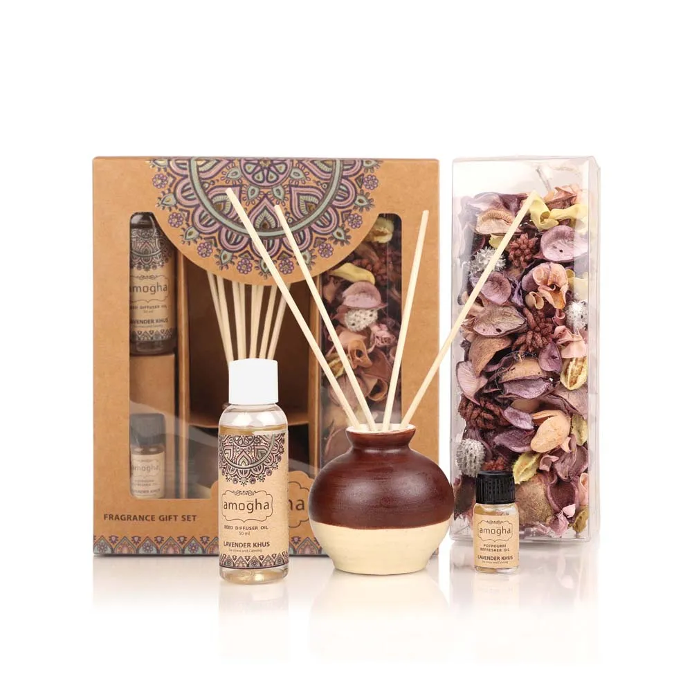 Lavender Khus Scented Reed Diffuser Gift Pack of Ceramic Diffuser Pot, Reed Sticks, Essential Oil & Potpourri)