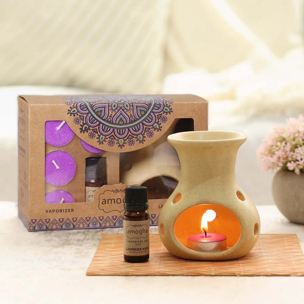 Lavender Khus Scented Tea-light Diffuser Gift pack (Ceramic Diffuser Pot+Essential Oil+Tea-lights)
