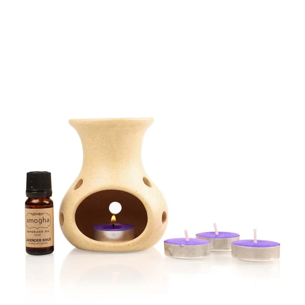 Lavender Khus Scented Tea-light Diffuser Gift pack (Ceramic Diffuser Pot+Essential Oil+Tea-lights)