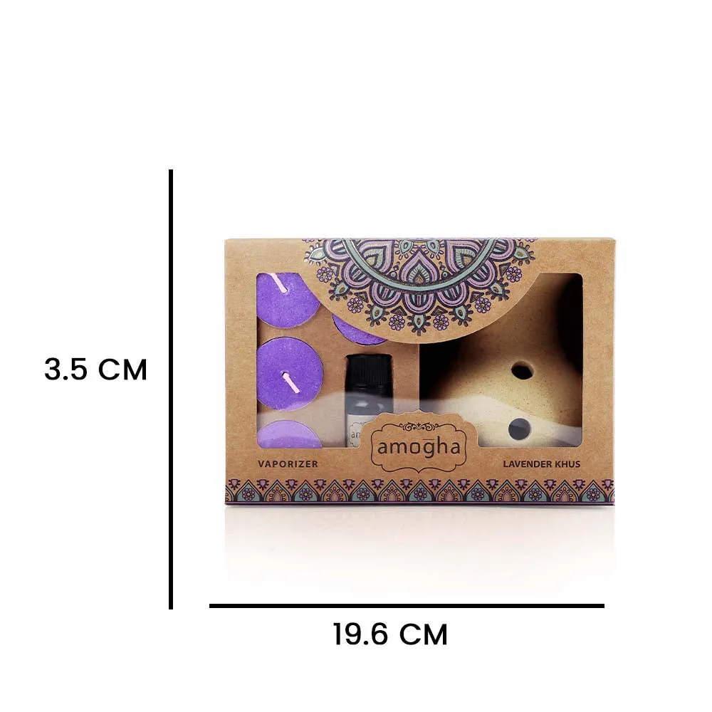 Lavender Khus Scented Tea-light Diffuser Gift pack (Ceramic Diffuser Pot+Essential Oil+Tea-lights)