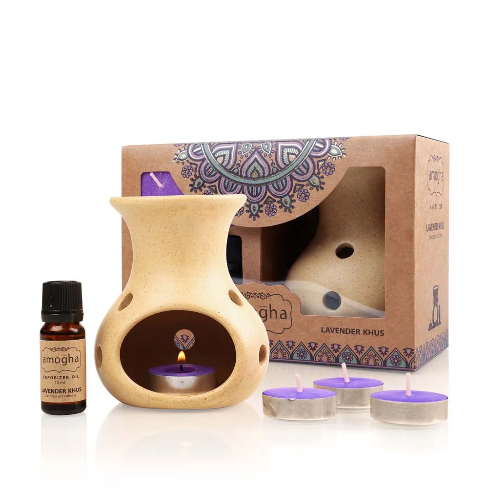 Lavender Khus Scented Tea-light Diffuser Gift pack (Ceramic Diffuser Pot+Essential Oil+Tea-lights)