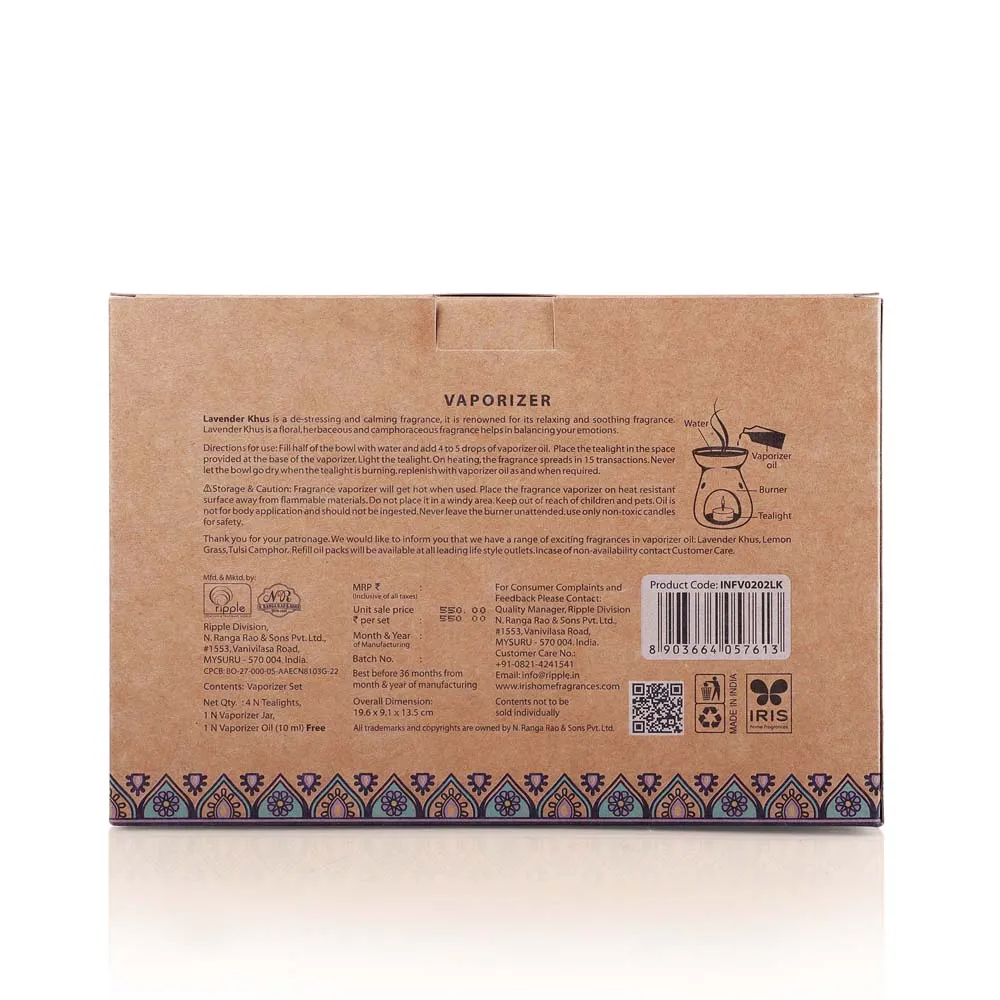 Lavender Khus Scented Tea-light Diffuser Gift pack (Ceramic Diffuser Pot+Essential Oil+Tea-lights)