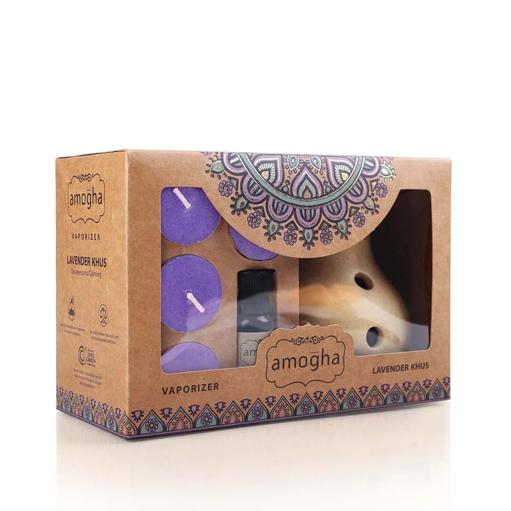Lavender Khus Scented Tea-light Diffuser Gift pack (Ceramic Diffuser Pot+Essential Oil+Tea-lights)