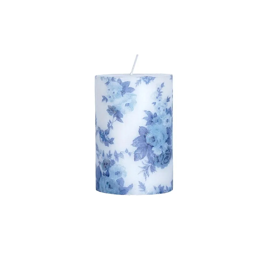 Lavender & Vanilla Blue Floral Designer Scented Pillar Candle- 2.7 X 4 in