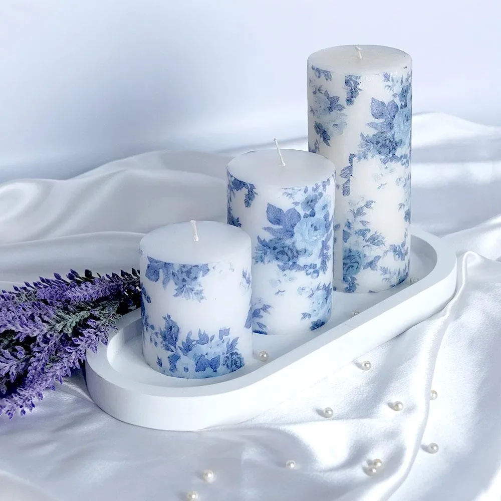 Lavender & Vanilla Blue Floral Designer Scented Pillar Candle- 2.7 X 4 in