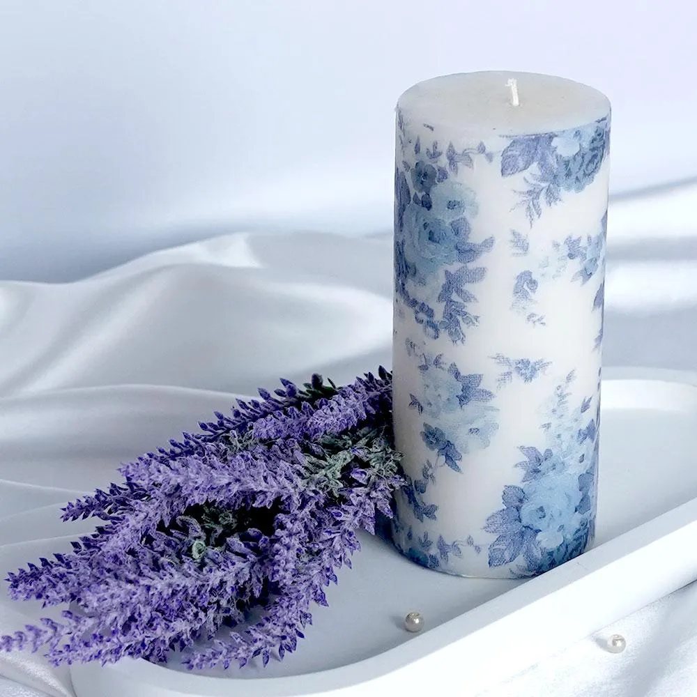 Lavender & Vanilla Blue Floral Designer Scented Pillar Candle- 2.7 X 6 in