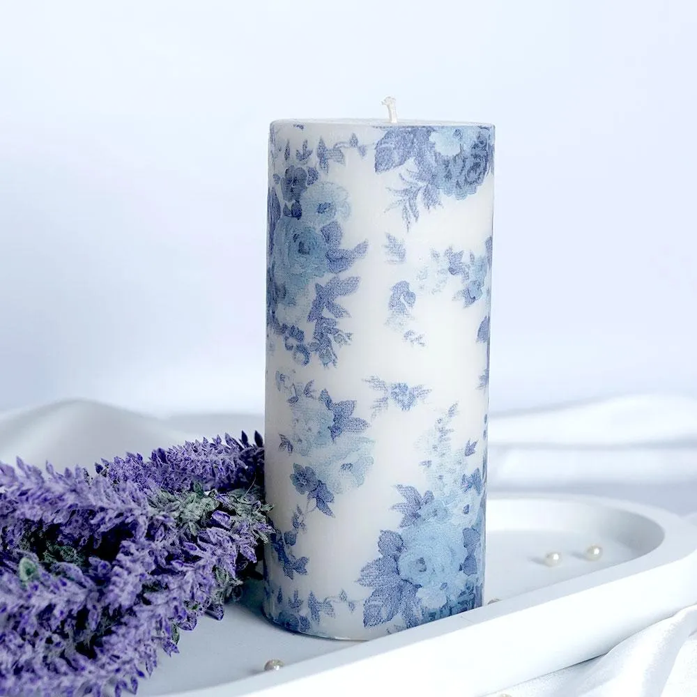 Lavender & Vanilla Blue Floral Designer Scented Pillar Candle- 2.7 X 6 in