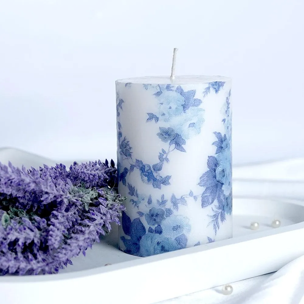 Lavender & Vanilla Blue Floral Designer Scented Pillar Candle- Set of 3