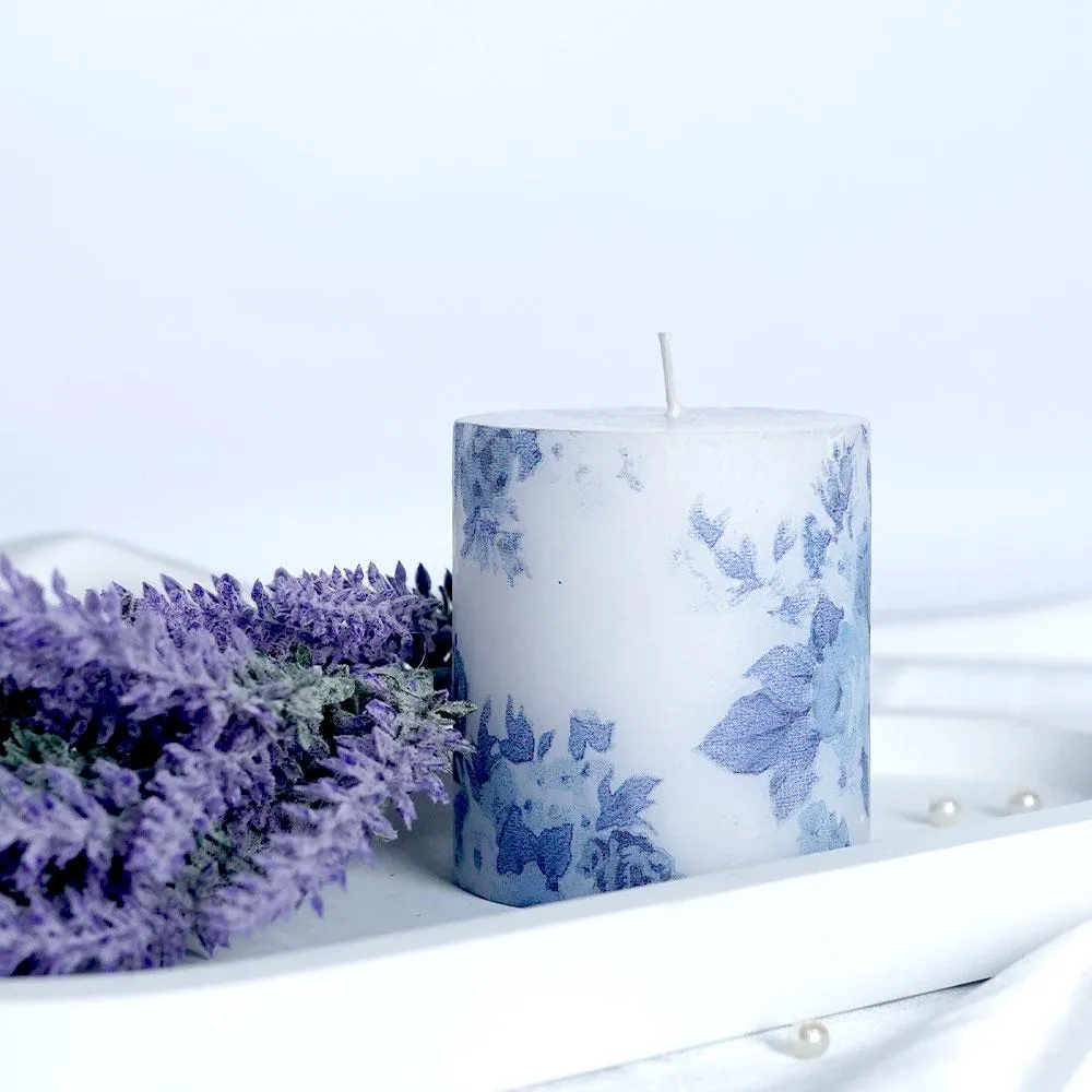 Lavender & Vanilla Blue Floral Designer Scented Pillar Candle- Set of 3
