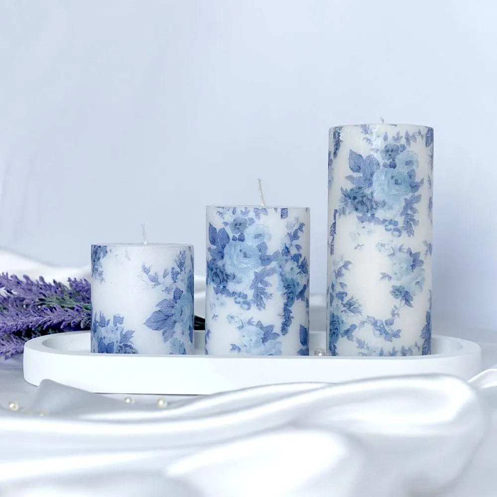 Lavender & Vanilla Blue Floral Designer Scented Pillar Candle- Set of 3