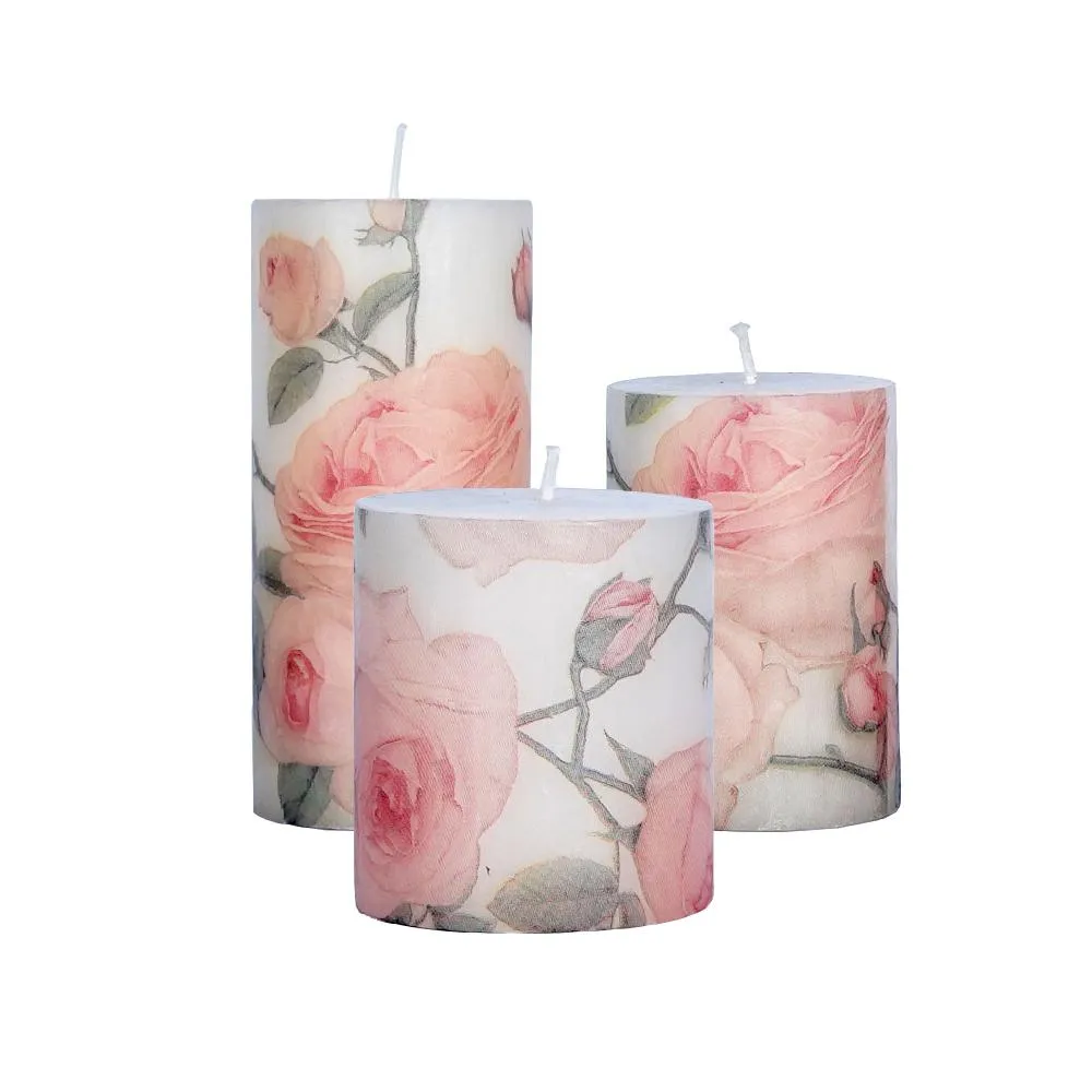 Lavender & Vanilla Pink Floral Designer Scented Pillar Candle- Set of 3