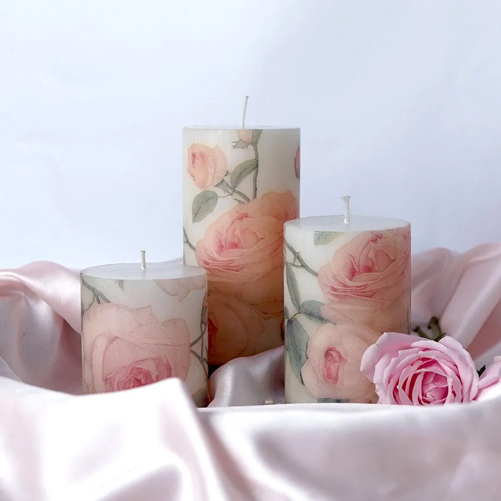 Lavender & Vanilla Pink Floral Designer Scented Pillar Candle- Set of 3