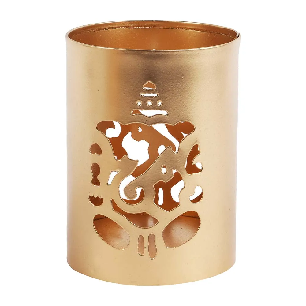 Laxmi & Ganesh Carved Golden Metal Tea Light Candle Holders Set of 2
