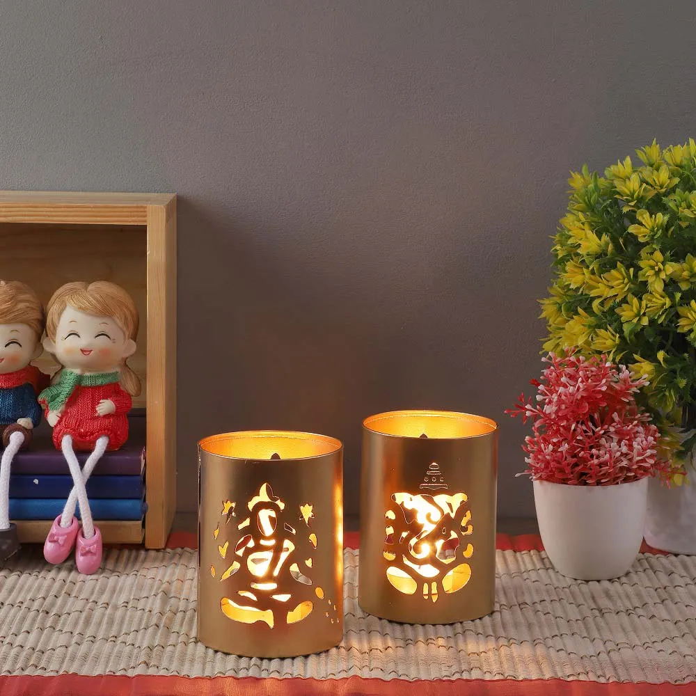 Laxmi & Ganesh Carved Golden Metal Tea Light Candle Holders Set of 2