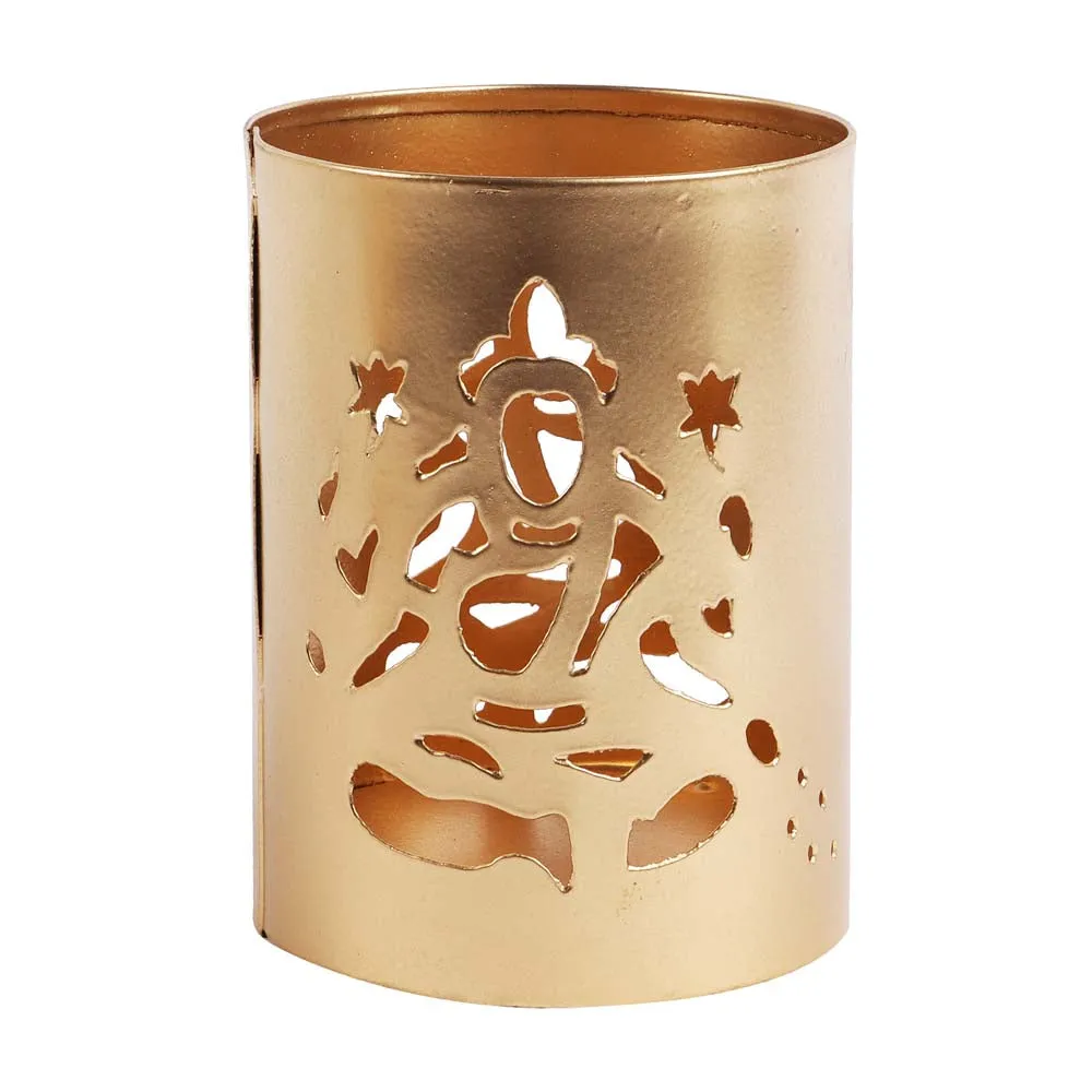 Laxmi & Ganesh Carved Golden Metal Tea Light Candle Holders Set of 2