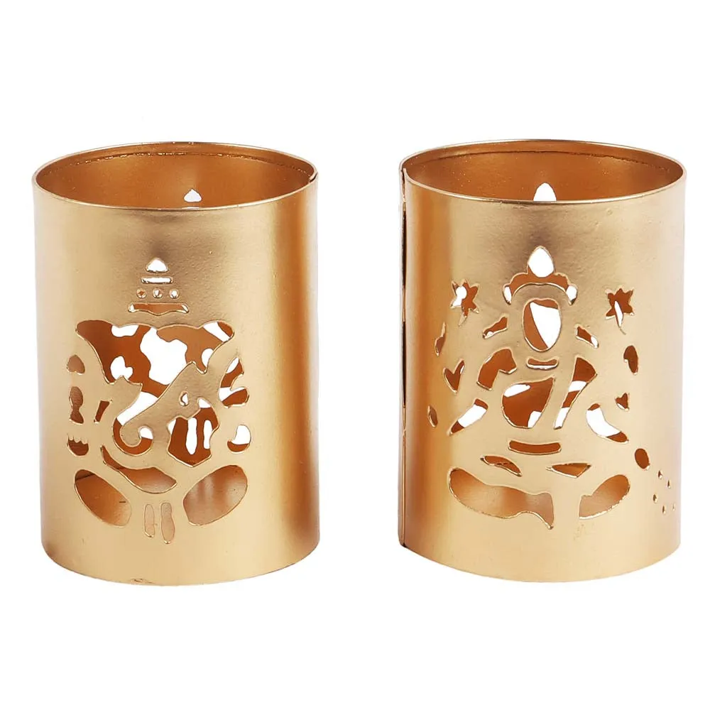 Laxmi & Ganesh Carved Golden Metal Tea Light Candle Holders Set of 2