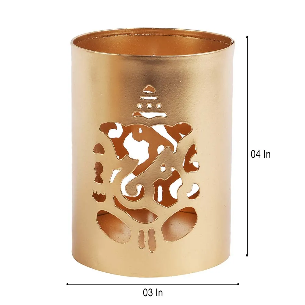 Laxmi & Ganesh Carved Golden Metal Tea Light Candle Holders Set of 2