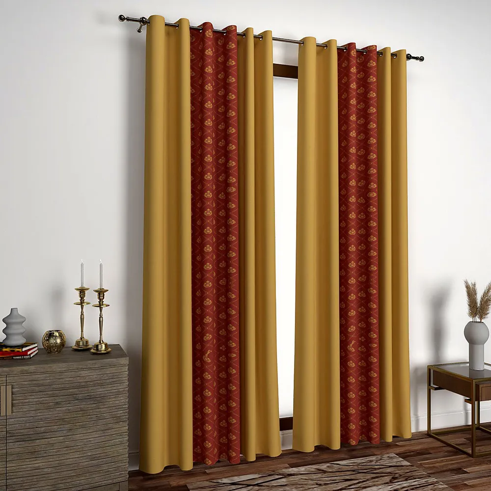 Layered Yellow & Brick Red Designer Window Curtain
