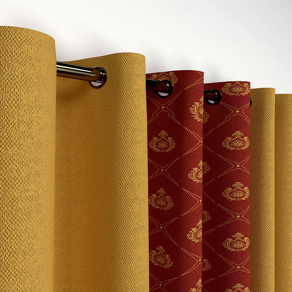 Layered Yellow & Brick Red Designer Window Curtain