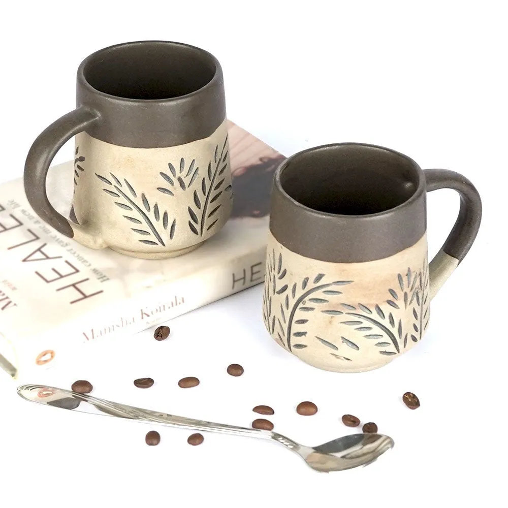Leaf Carved Green Ceramic Mugs Single Piece