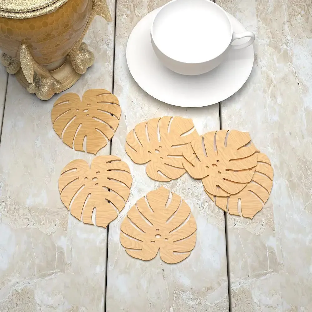 Leaf Design Wooden Coasters Light Oak Finish