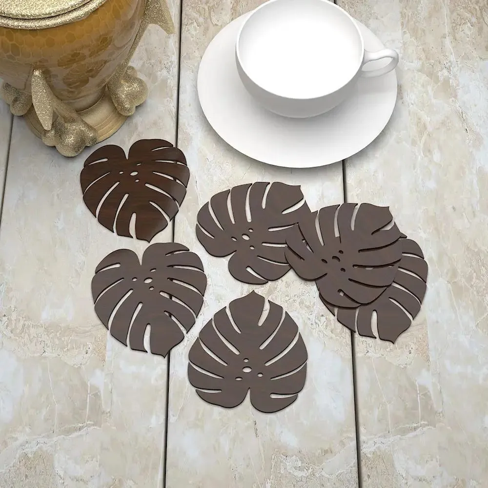 Leaf Design Wooden Coasters Walnut Finish