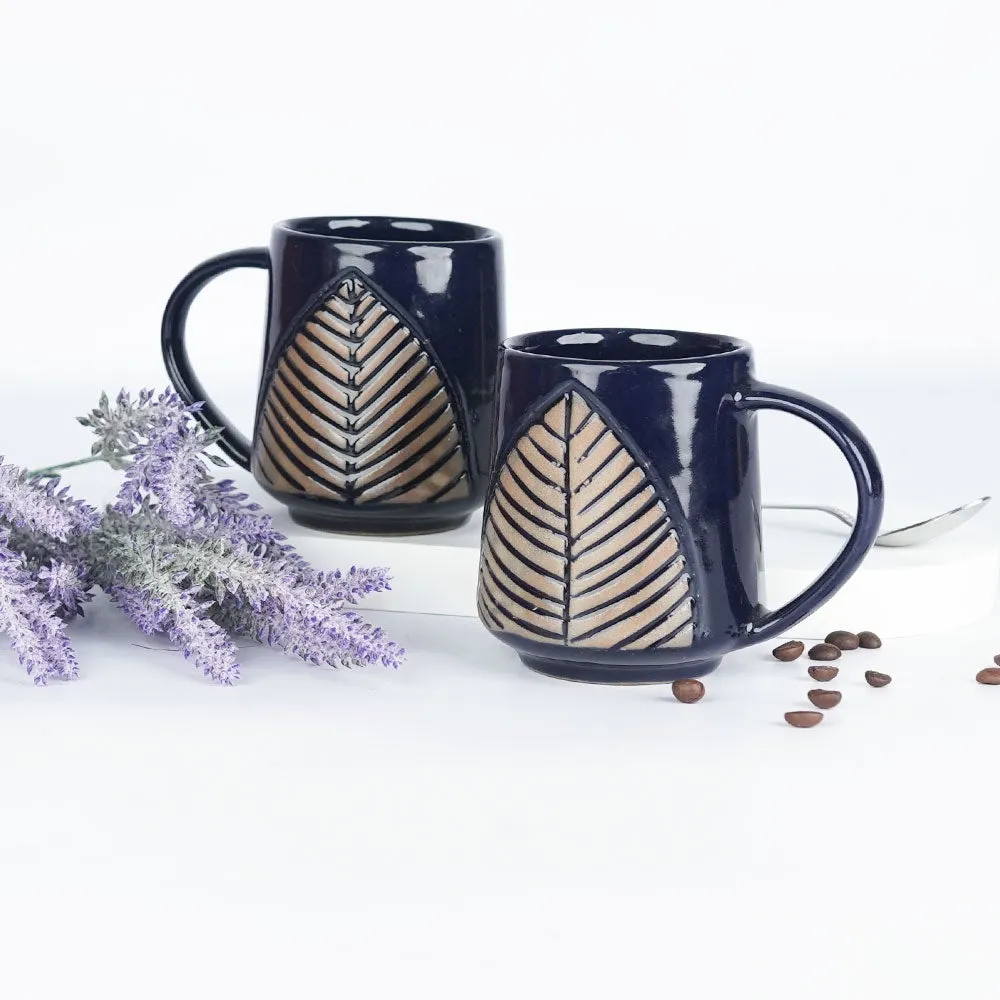 Leaf Designed Indigo Ceramic Mugs Single Piece