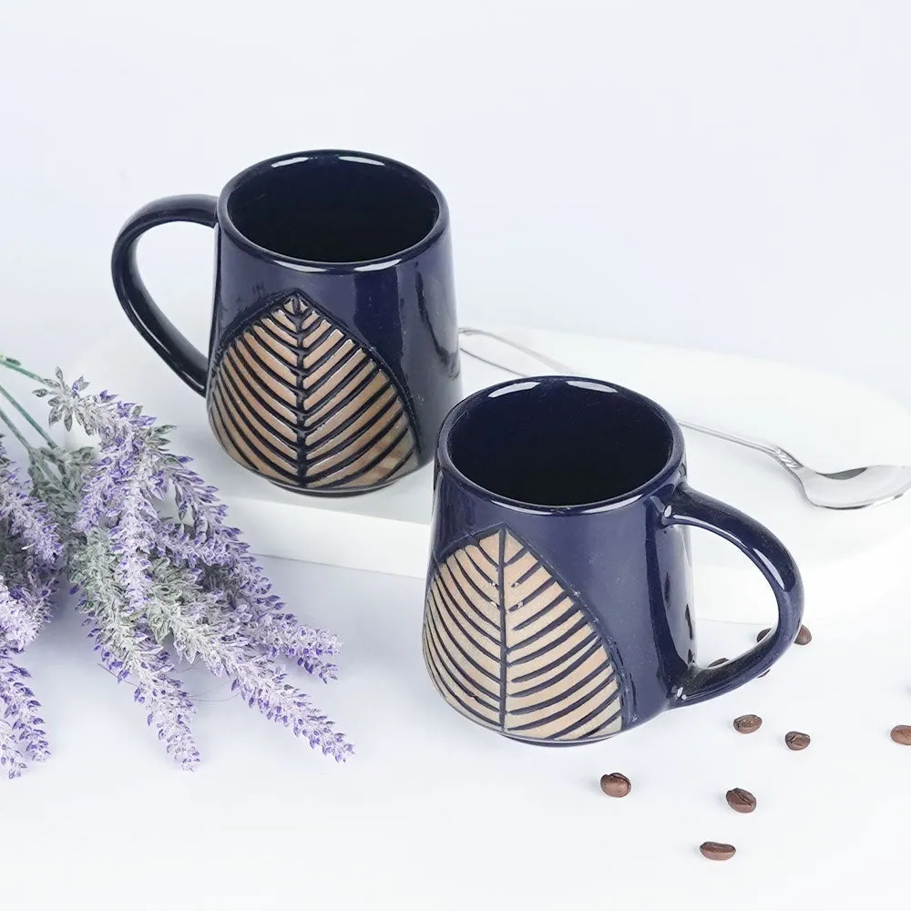 Leaf Designed Indigo Ceramic Mugs Single Piece