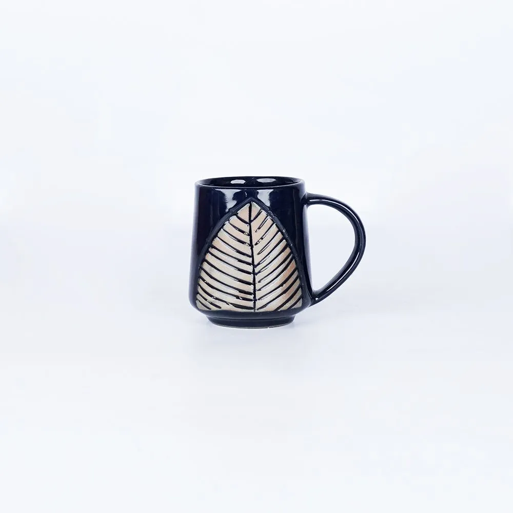 Leaf Designed Indigo Ceramic Mugs Single Piece