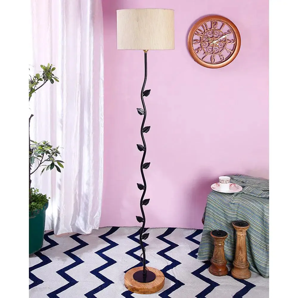 Leaf Floor Lamp with Wood Round Base & Drum Cotton Shade Off-White