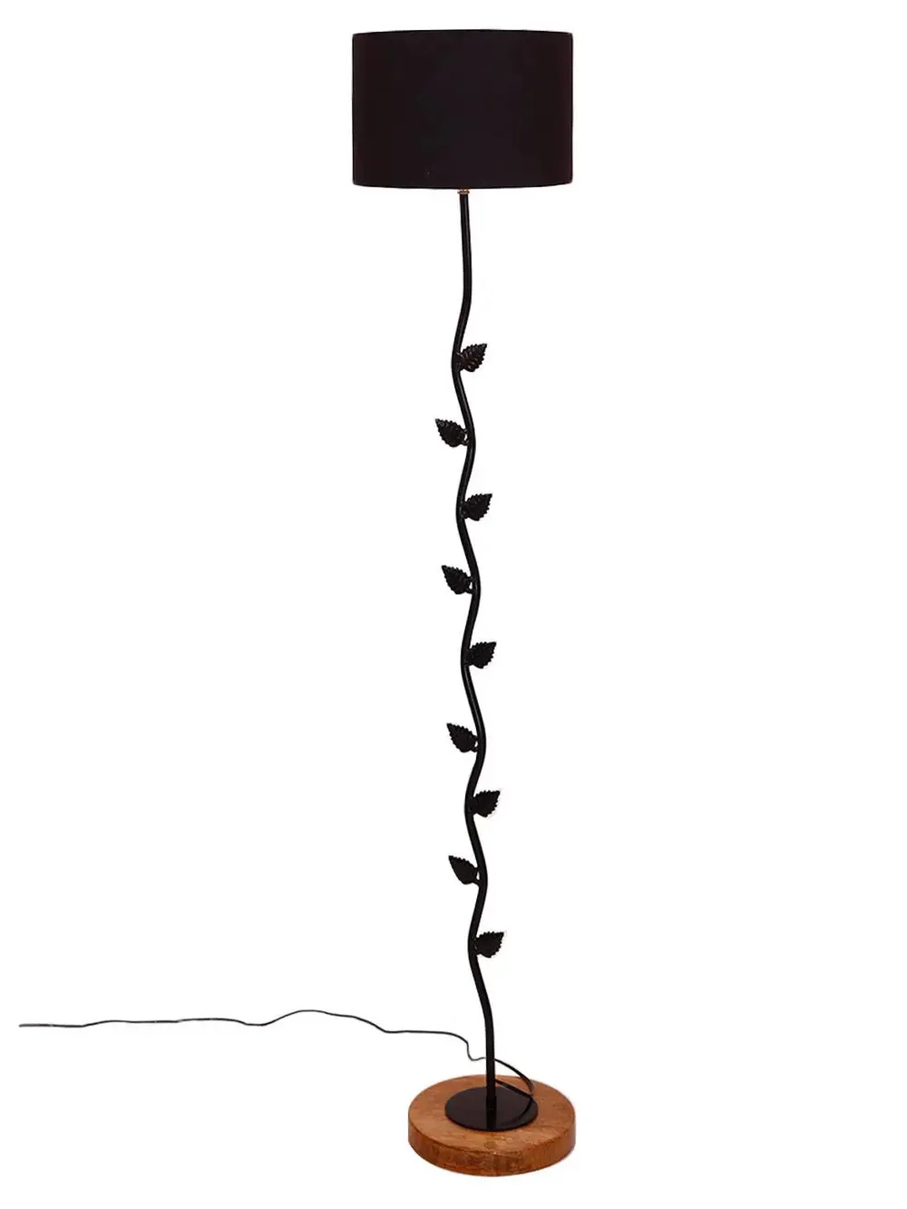 Leaf Floor Lamp with Wood Round Base & Drum Cotton Shade Off-White