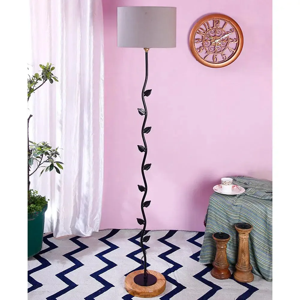 Leaf Floor Lamp with Wood Round Base & Drum Cotton Shade Off-White