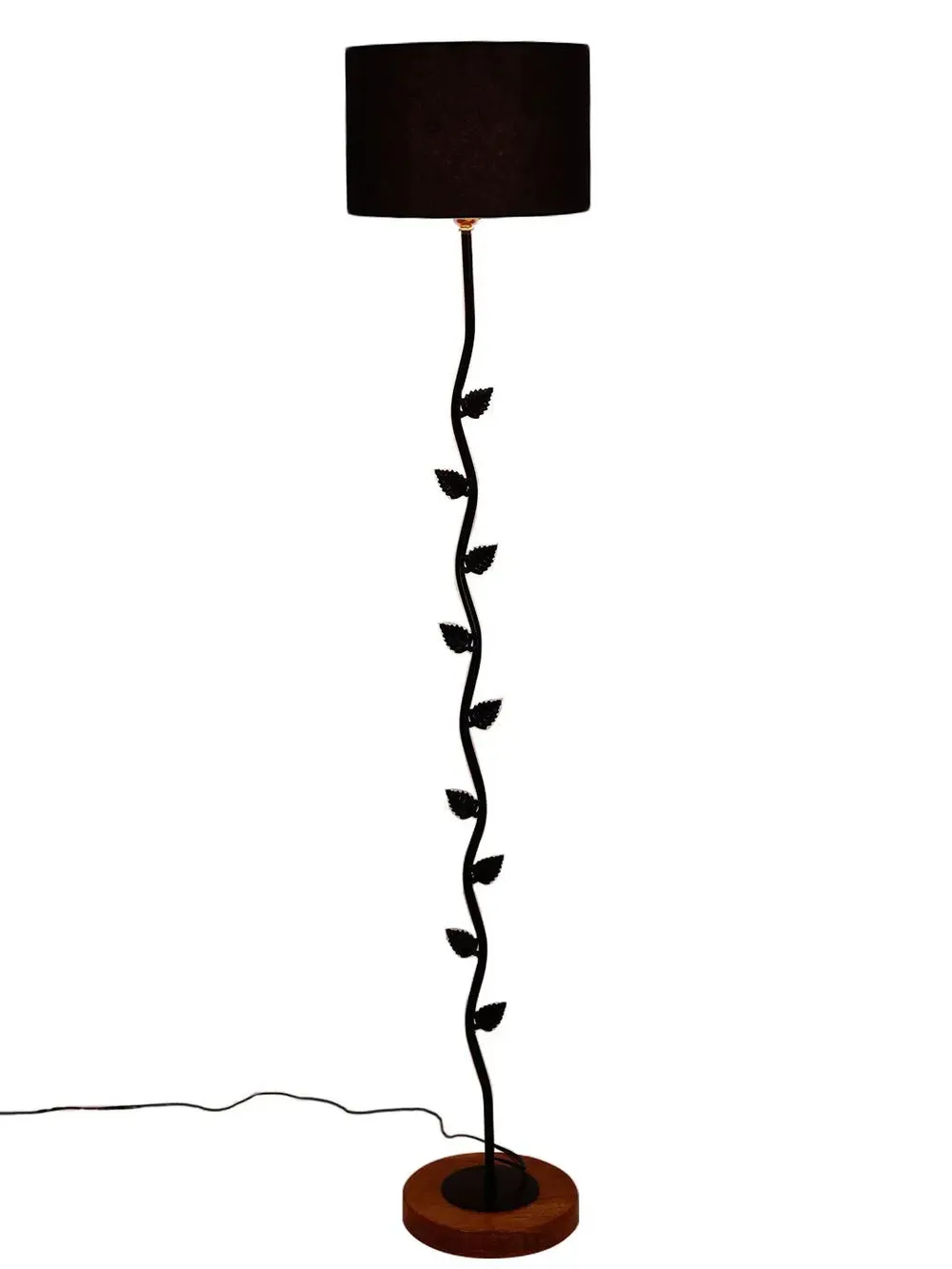 Leaf Floor Lamp with Wood Round Base & Drum Cotton Shade Off-White