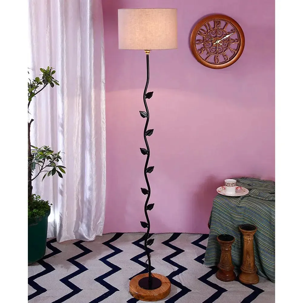 Leaf Floor Lamp with Wood Round Base & Drum Cotton Shade Off-White